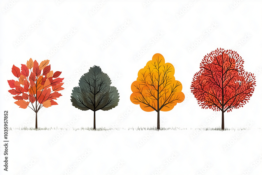 Wall mural set of colorful autumn trees isolated on white background