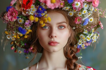 Portrait of a beautiful spring girl wearing flowers hat. Studio shot.