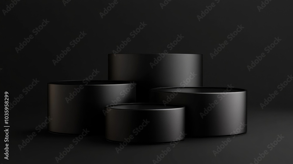 Poster empty black cylinder podium for minimalist product display on a black background featuring 3d render