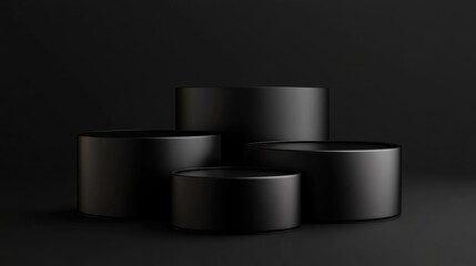 Empty black cylinder podium for minimalist product display on a black background featuring 3D rendering