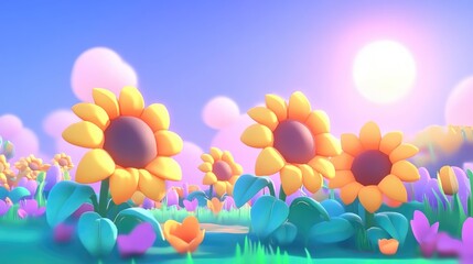 Sunflowers blooming in a field illuminated by bright sunlight