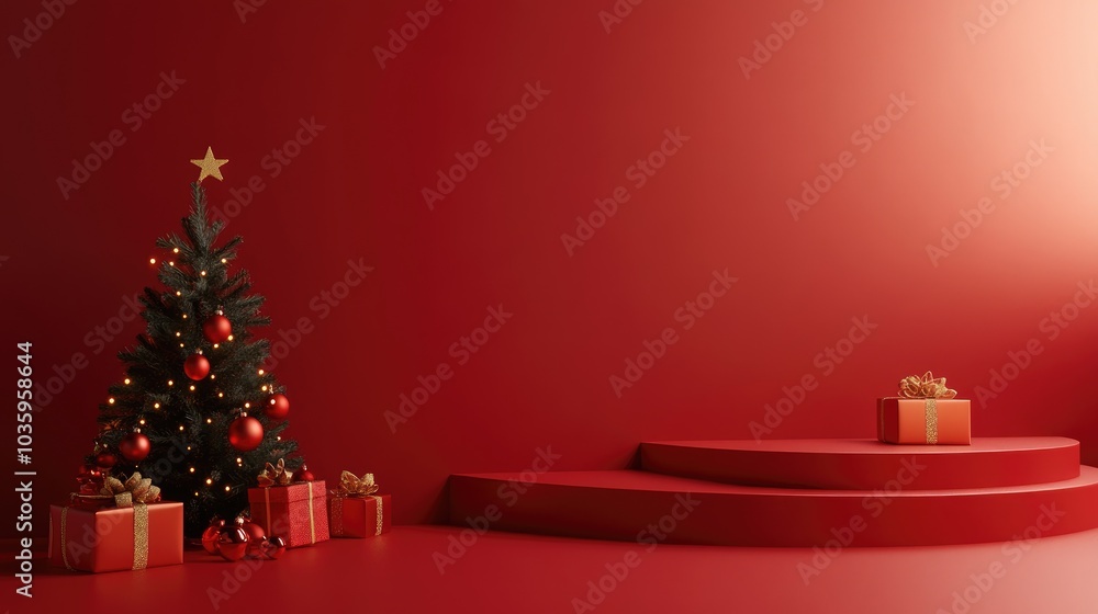 Poster Red abstract scene featuring a wall floor and corner designed for a minimal Christmas and New Year concept in 3D rendering