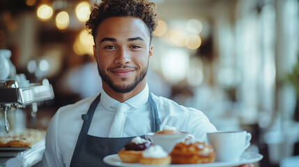 A man wearing a white shirt and apron is holding a tray with donuts and a cup