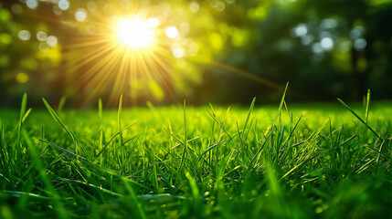 A bright sunny day with a field of green grass