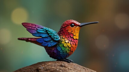 Fototapeta premium A colorful hummingbird sculpture with rainbow feathers perches on a rock with a blurred green background.