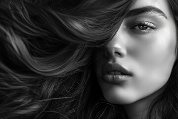 Fototapeta premium Woman monochrome portrait with beautiful hair and beauty skin. Black and white. Studio shot.