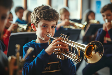Obraz premium Young boy playing the trumpet in a music class, surrounded by classmates with instruments.
