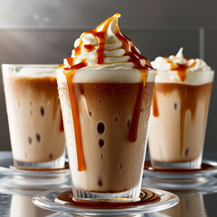 A frosty glass of iced coffee carame on white background