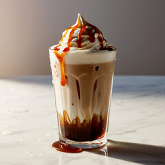 A frosty glass of iced coffee carame on white background