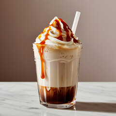 A frosty glass of iced coffee carame on white background