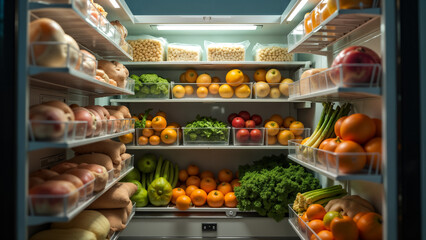 Obraz premium A Well-Stocked Freezer Filled with a Diverse Array of Produce and Goods, Creating a Visual Experience of Abundance and Food Preparation