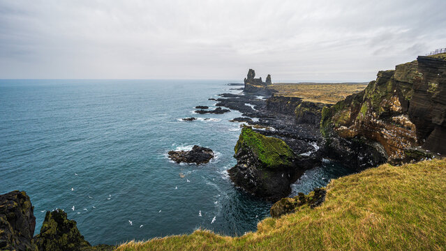 scenic view over the Londrangar basalt cliffs inside the Snaefellsnes Peninsula, Iceland