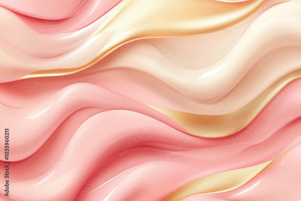 Poster golden and pink abstract waves in plasticine. smooth fluid forms with liquid design features. artwor