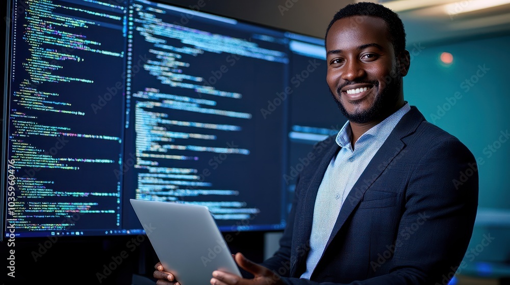 Poster a cybersecurity specialist smiling confidently while holding a laptop in front of a large monitor di