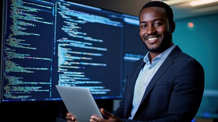 A cybersecurity specialist smiling confidently while holding a laptop in front of a large monitor displaying code and data. The image captures the high-tech environment of digital