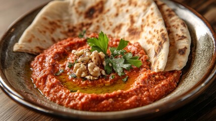 A delectable plate of Lebanese muhammara, roasted red pepper and walnut dip served with pita bread, Muhammara plate centered