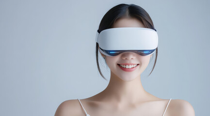 Naklejka premium woman smiling while wearing VR headset against grey background, showcasing modern technology and virtual reality