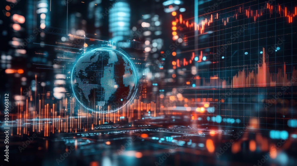 Poster a digital representation of the earth surrounded by data visuals and graphs in a futuristic financia