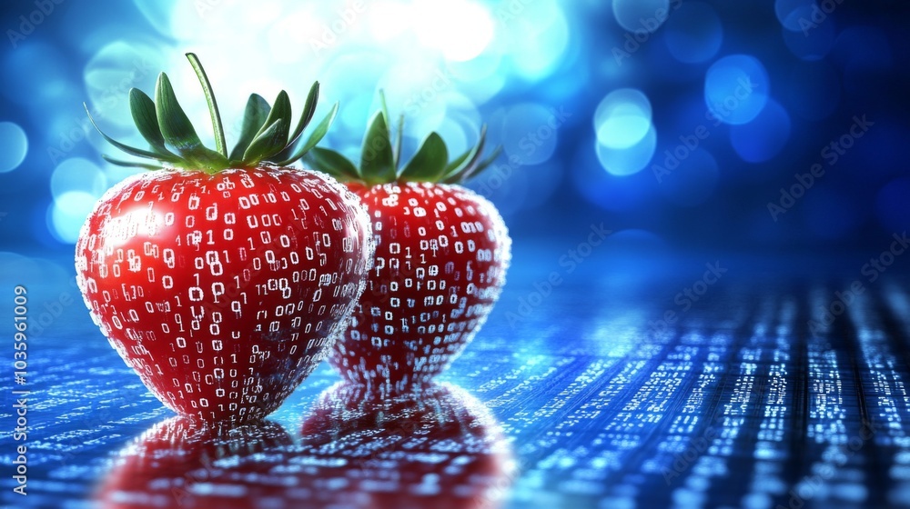 Poster integration of nature and tech is visually captured through the innovative design of the strawberry.