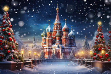 Snowy holiday scene with decorated Christmas trees, warm lights, and iconic Russian architecture under falling snow. Generative AI