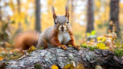 Obraz premium The Eurasian red squirrel (Sciurus vulgaris) in its natural habitat in the autumn forest. Portrait of a squirrel close up. The forest is full of rich warm colors. 