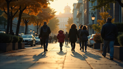 Obraz premium A Lively Scene of Pedestrians Walking Down a Gentle Slope, Capturing the Essence of Urban Life and Community Togetherness