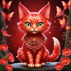 Fototapeta premium Cute red fairy cat on a red background