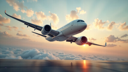 Fototapeta premium A Twin Engine Aircraft Taking Off from a Desk, Representing Innovation and Flight Against a Backdrop of Vibrant Skies