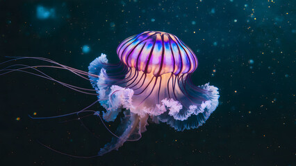 Vibrant Glowing Jellyfish Floating Gracefully in the Depths of the Ocean Under Dark Waters