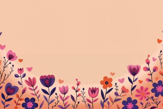 Whimsical floral border with pink and orange flowers for spring and wedding design.