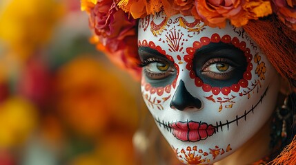 Individual with Artistic Face Paint and Floral Accents.
