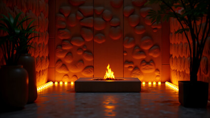 A Warm Glow of Fire Illuminating an Intricately Designed Wall, Creating an Inviting Ambiance for Relaxation