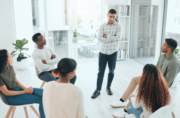 Office, therapist and team support group with counseling, empathy and workshop for care. Meeting,...