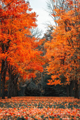Stunning display of vibrant orange leaves in an autumn forest, creating a warm, seasonal ambiance perfect for fall themes. Generative AI