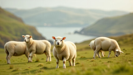 Obraz premium Charming Exploration: Several Curious Sheep Bring Life to the Scenic Bay Landscape
