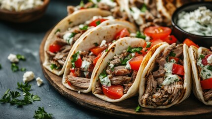 A delectable platter of assorted Greek gyro wraps filled with lamb, tzatziki, and tomatoes
