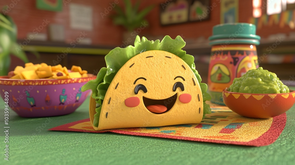 Wall mural A smiling cartoon taco sits on a colorful napkin with a bowl of guacamole and chips behind.