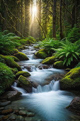 Serene mountain stream winding through dense forest, with sunlight streaming through towering trees, creating a peaceful atmosphere. Generative AI