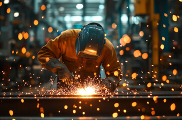 worker is welding metal parts in industrial setting, surrounded by bright sparks. scene captures intensity and focus required in metalwork