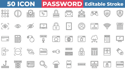 Password icon collection set. Containing Website, Warning Sign, Password, Lock, Retinal Scanner, Scan, Mailbox, Security, And More. Editable stroke outline icon.