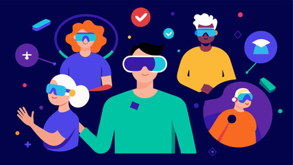 Naklejka premium Virtual Reality Experience An illustration of people putting on VR headsets that offer experiences related to disability perspectives with vibrant graphics showing different