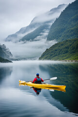 A peaceful scene of a lone kayaker in a yellow kayak gliding across calm, misty waters surrounded by mountains and nature. Generative AI