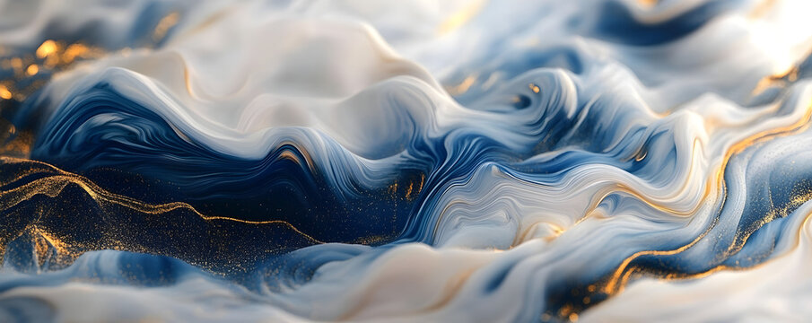 Elegant Aesthetic Design of Liquid Marble Background with Deep Blue and Gold Waves Elegant Banner