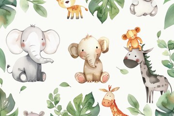 Watercolor Illustration of Cute Animals in a Jungle Setting