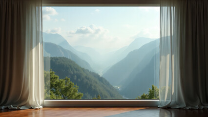 Framing Nature: A Serene View of Mountains and Valleys Through a Beautiful Window