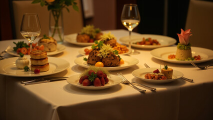 Fototapeta premium A Delectable Array of Several Plates of Food Artfully Arranged, Showcasing Culinary Creativity in an Elegantly Set Dining Space