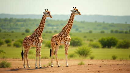 Obraz premium Graceful Heights: A Giraffe Stands Elegantly by a Dirt Field Amidst Lush Landscapes of Wildlife