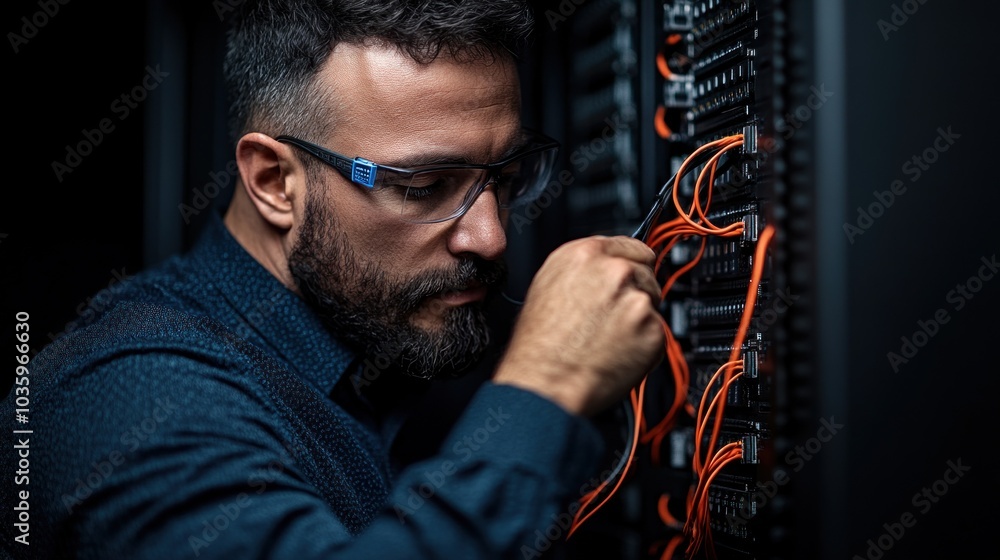 Poster a technician focuses intently on configuring server connections in a dimly lit data center, adjustin
