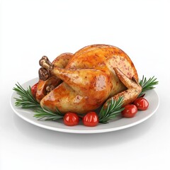 Baked turkey on a plate isolated on a white background. 3d illustration