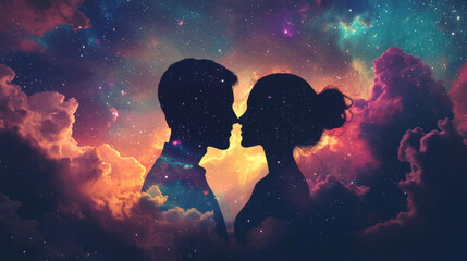 Obraz premium Romantic silhouette of a couple under a star-filled sky, with cosmic clouds blending into their profiles